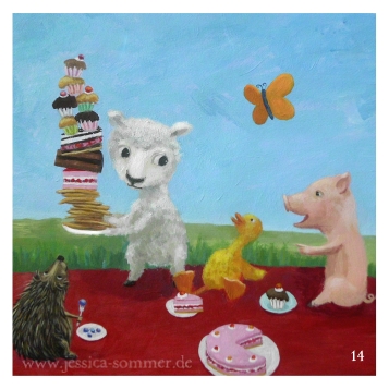 Kinderbuch-Illustration: ein Lamm, ein Igel, eine Ente und ein Ferkel machen ein gemeinsames Picknick